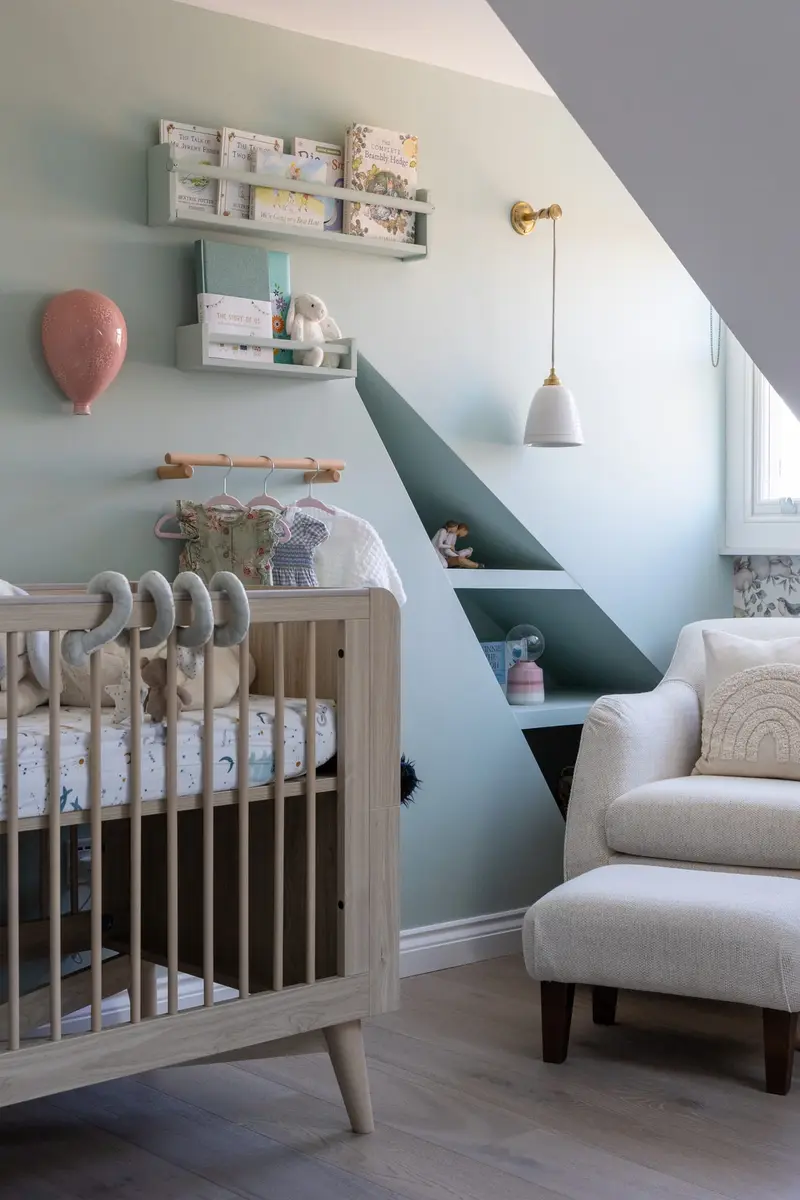 Loft nursery with a wooden cot and sloping ceiling