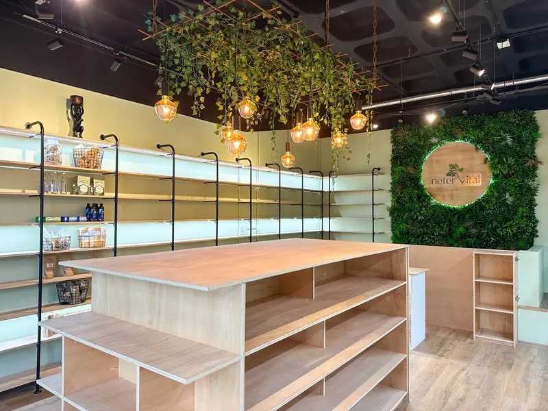 Wide view of the herbal shop with central display