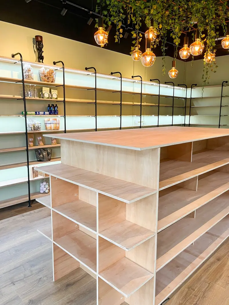 Central oak display unit with open shelving