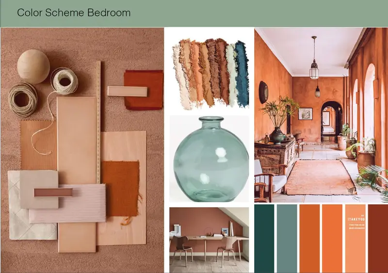 Terracotta colour scheme board for the main bedroom