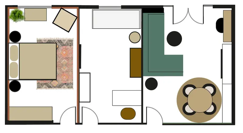 Living room floor plan with dining area and storage