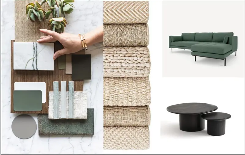 Material board with jute textures and a green sofa