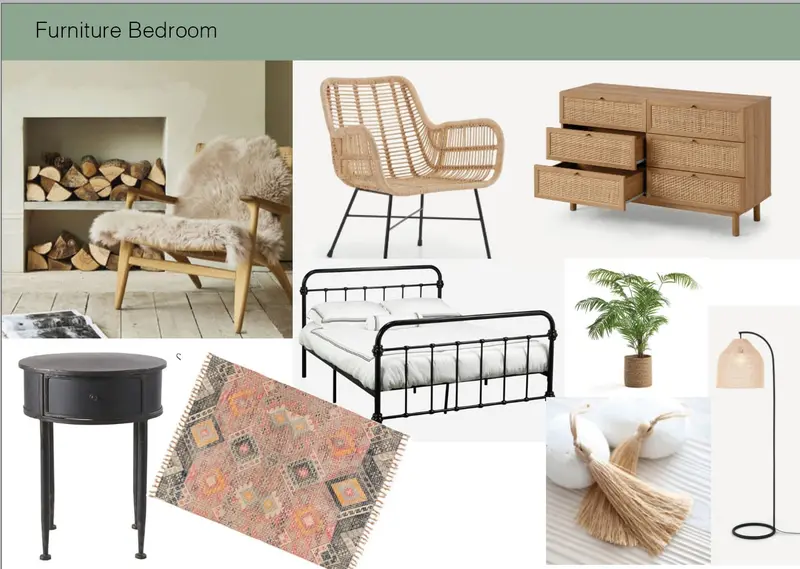 Bedroom furniture board with black metal bed and rattan chair