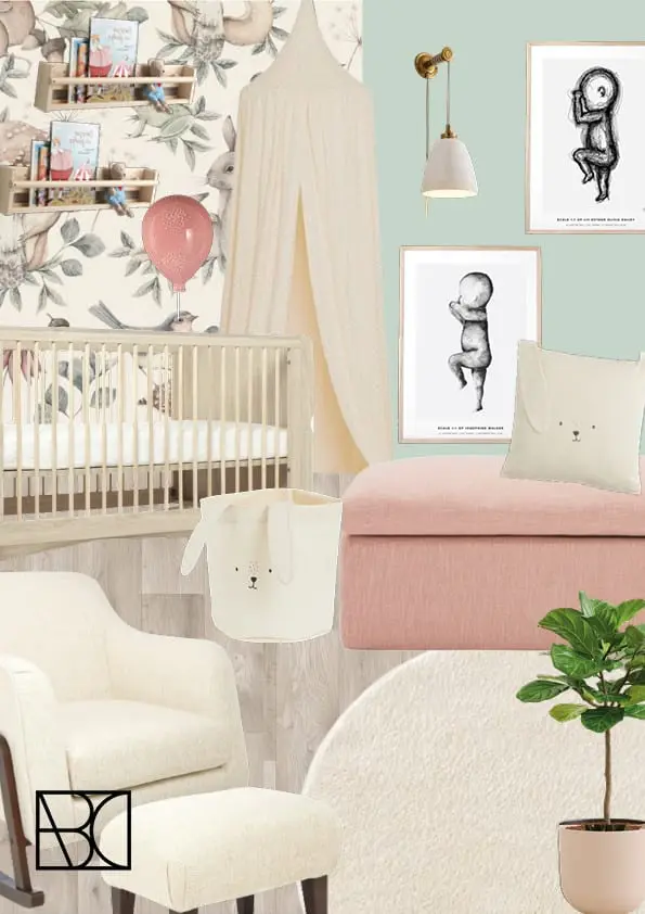 Nursery mood board with floral wallpaper, cot and blush pink tones