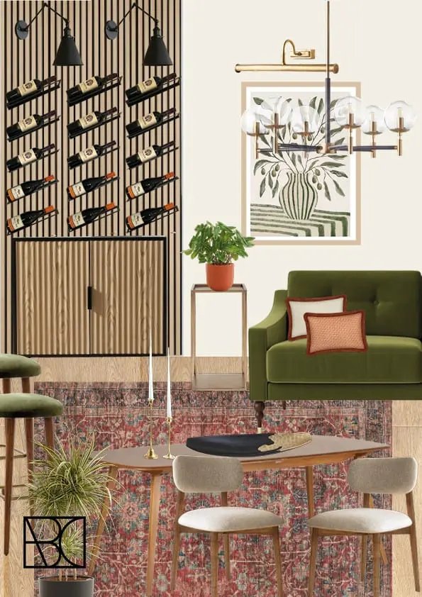 Kitchen-diner mood board with wine wall, green sofa and patterned rug