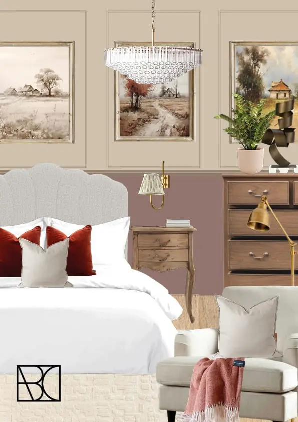 Bedroom mood board with a scalloped headboard and crystal chandelier