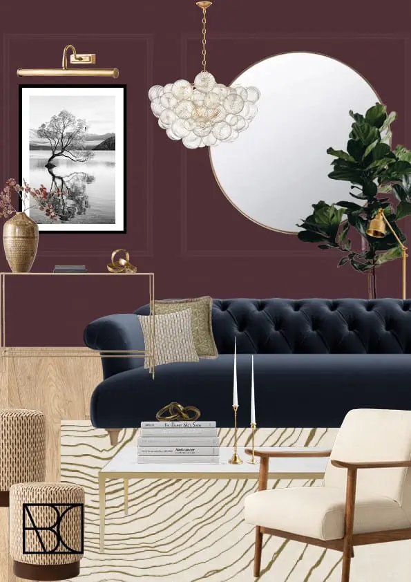 Living room mood board with plum walls and a navy chesterfield