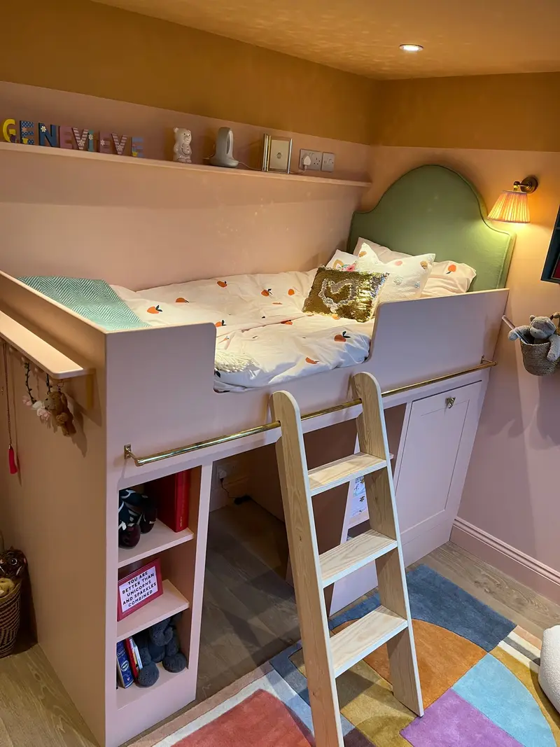 Bespoke raised bed with ladder, storage and pull-out desk