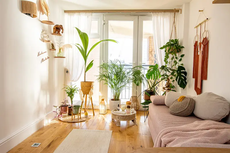 Bright living room filled with plants, a pink sofa and woven wall hangings