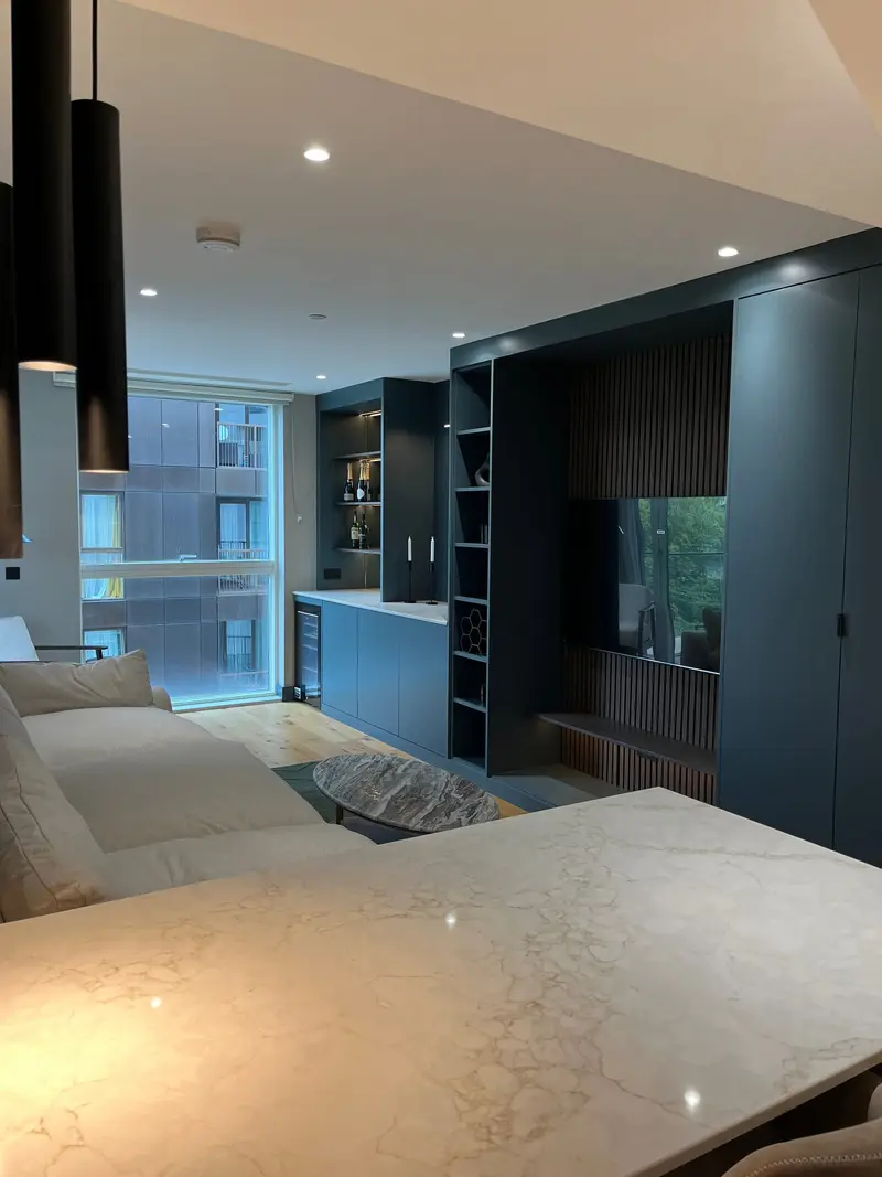 Open-plan living area with built-in dark storage