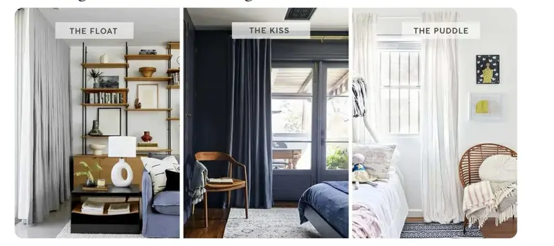 Three curtain styles: floor length, puddle and hover