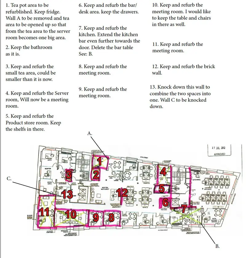 Annotated floor plan showing walls to remove