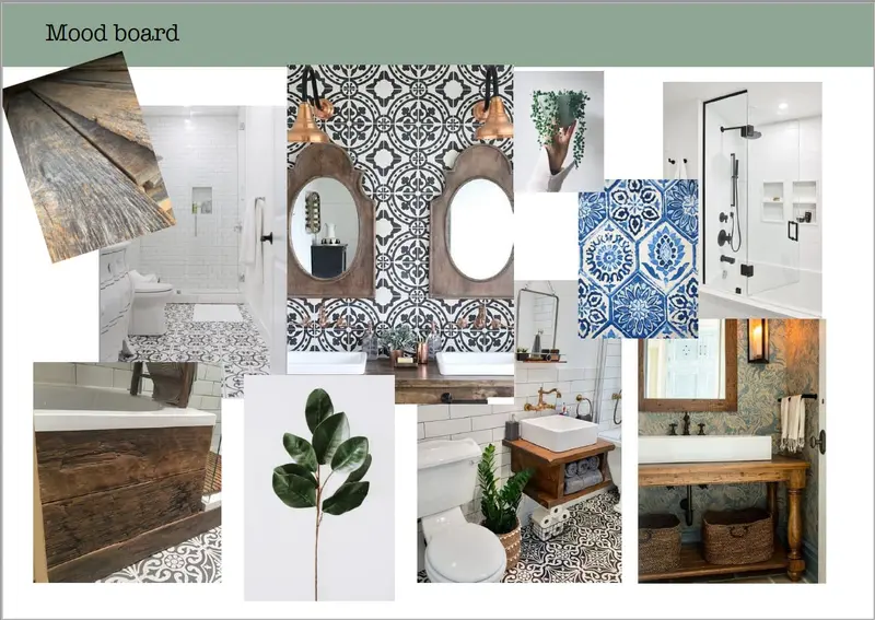 Bathroom mood board with patterned tiles