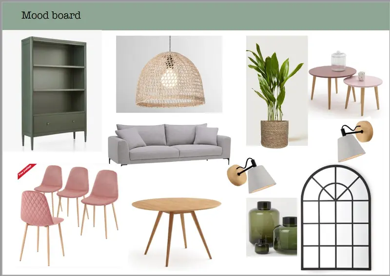 Living room mood board with pink chairs and rattan pendant